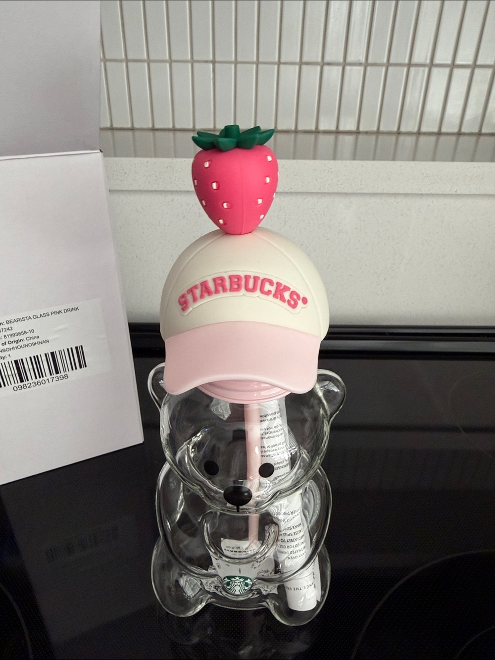NWT-In Box Sold out Starbucks Pink & White Bear Bottle with Strawberry Topper